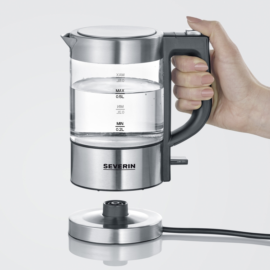 Severin WK 3472 - 0,5 l elektriline veekeetja, 1100 W/230 V, roostevaba teras/klaas