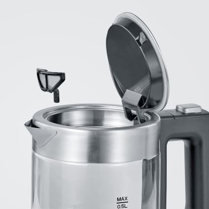 Severin WK 3472 - 0,5 l elektriline veekeetja, 1100 W/230 V, roostevaba teras/klaas