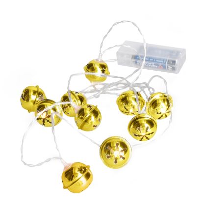 LED jõulukett, 10×LED, töötab 2×AA patareidega, soe valge, 1,8 m, kellukestega