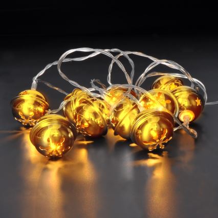 LED jõulukett, 10×LED, töötab 2×AA patareidega, soe valge, 1,8 m, kellukestega