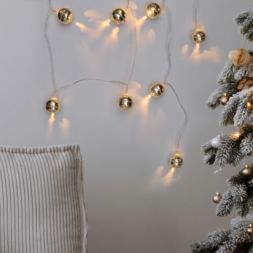 LED jõulukett, 10×LED, töötab 2×AA patareidega, soe valge, 1,8 m, kellukestega