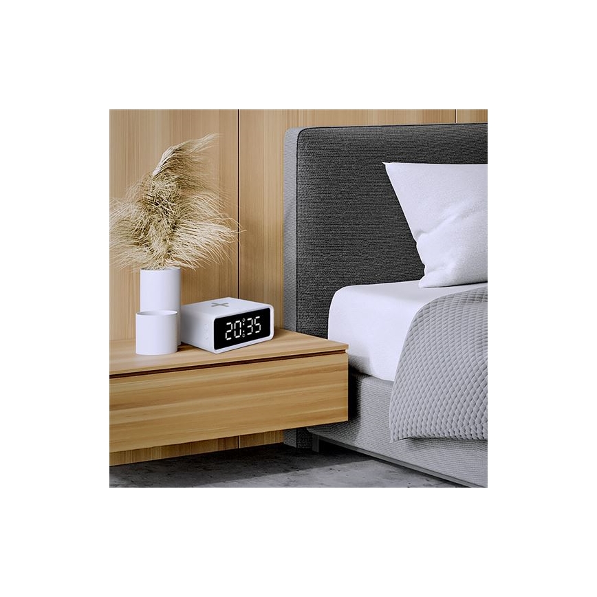 Digitaalne kell koos Qi traadita laadijaga 230V/CR2032 valge