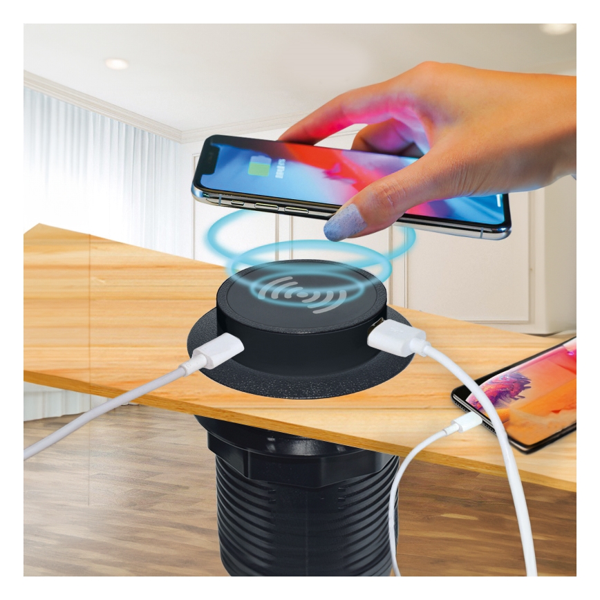 Sisseehitatud juhtmevaba laadija + USB A+C must