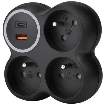 Mitmikkontakt 3× 15 A koos USB-A ja USB-C portidega, must