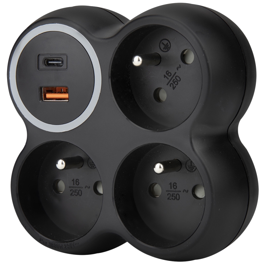 Mitmikkontakt 3× 15 A koos USB-A ja USB-C portidega, must