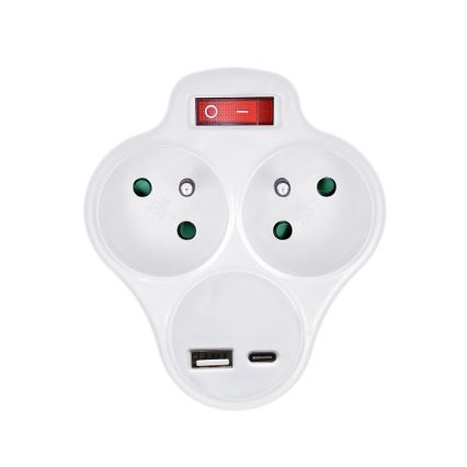 Pistikupesa jaotur koos USB A+C laadija ja lülitiga 2x10A valge