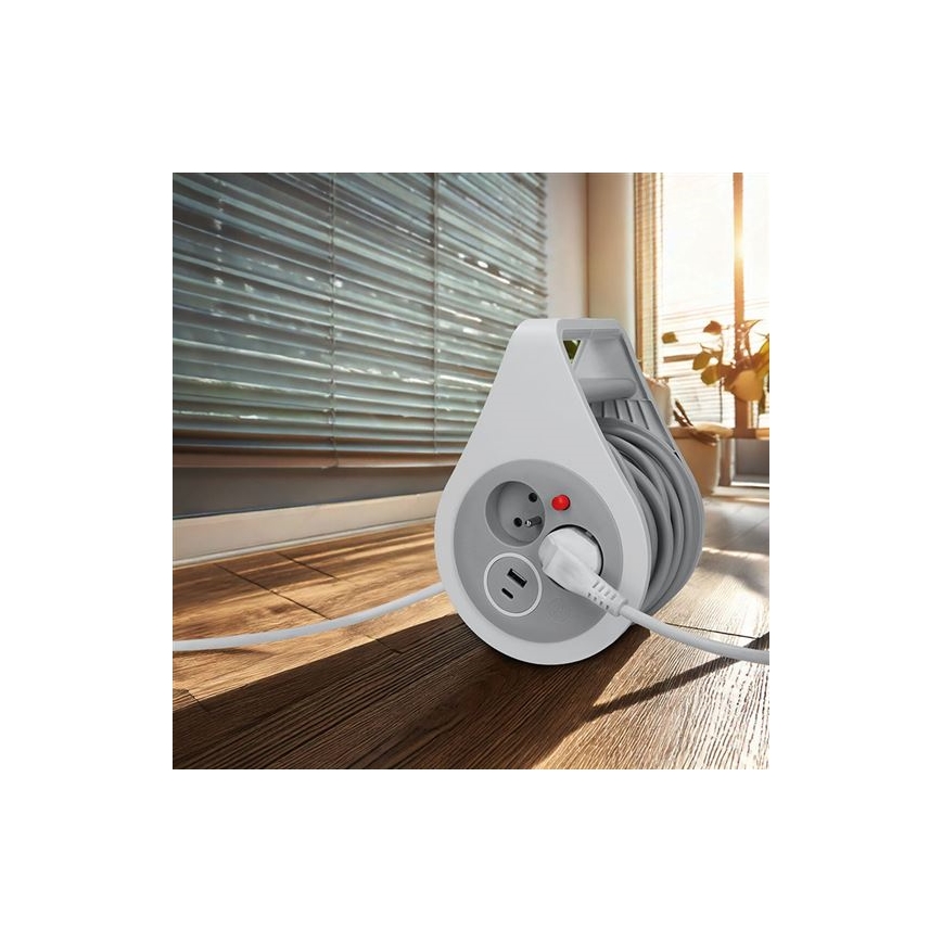 Pikendusjuhe rullil 2 pistikupesa + USB A+C 10 m