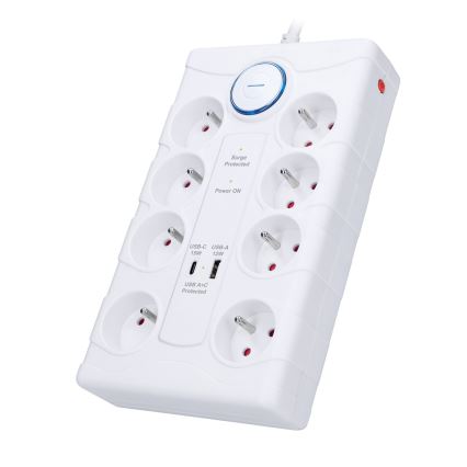 Pikendusjuhe lülitiga 8Z, E-tüüpi + 1× USB-A + 1× USB-C, 2 m, valge