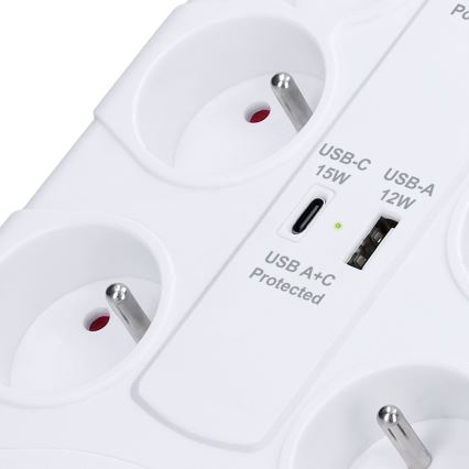 Pikendusjuhe lülitiga 8Z, E-tüüpi + 1× USB-A + 1× USB-C, 2 m, valge