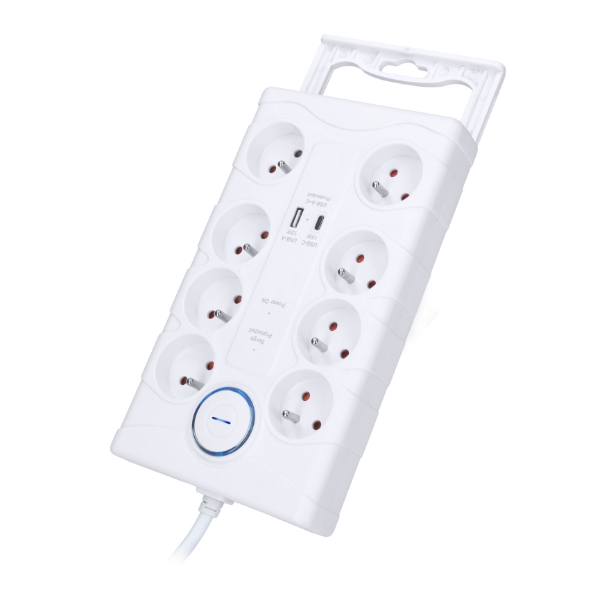 Pikendusjuhe lülitiga 8Z, E-tüüpi + 1× USB-A + 1× USB-C, 2 m, valge