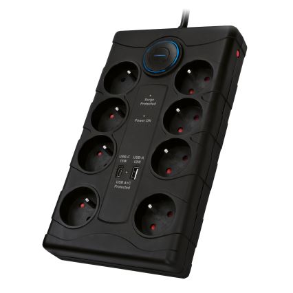 Pikendusjuhe lülitiga ja ülepingekaitsega, 8-pesaga, tüüp E, 1x USB-A + 1x USB-C, 2 m, must