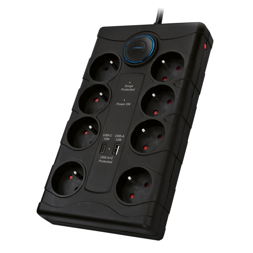 Pikendusjuhe lülitiga ja ülepingekaitsega, 8-pesaga, tüüp E, 1x USB-A + 1x USB-C, 2 m, must