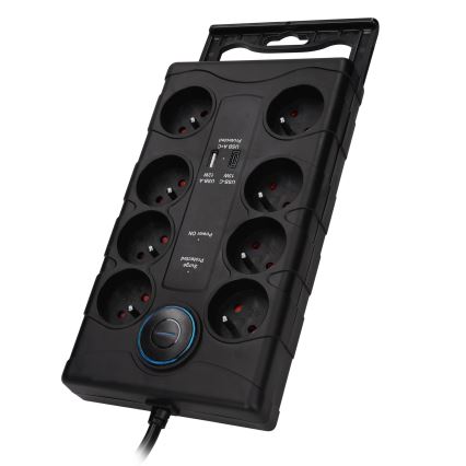 Pikendusjuhe lülitiga ja ülepingekaitsega, 8-pesaga, tüüp E, 1x USB-A + 1x USB-C, 2 m, must