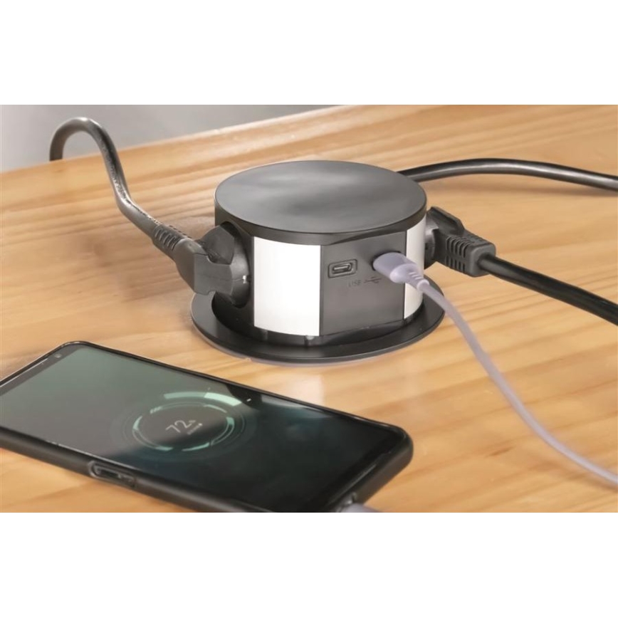 Solight PP100USBC-B - Pistikupesade torn lauale 3x230V + 2xUSB must