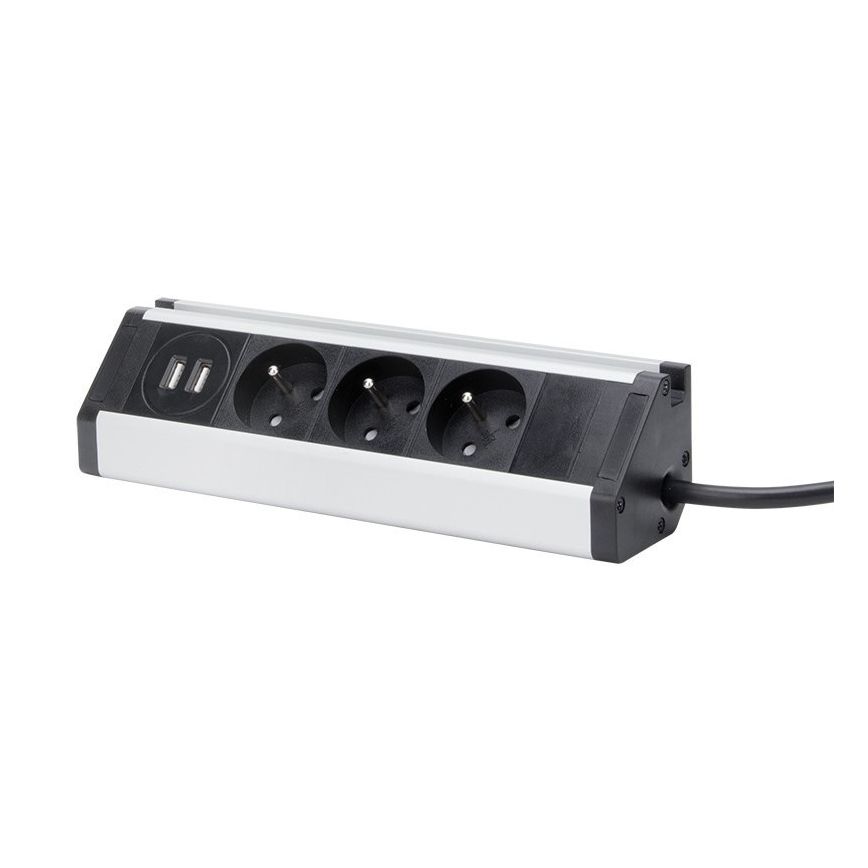 Pikendusjuhe 3Z + 2 x USB 1,5 m alumiinium/must