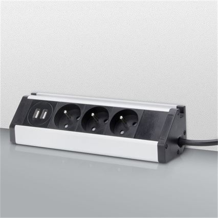 Pikendusjuhe 3Z + 2 x USB 1,5 m alumiinium/must