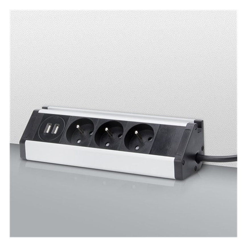 Pikendusjuhe 3Z + 2 x USB 1,5 m alumiinium/must