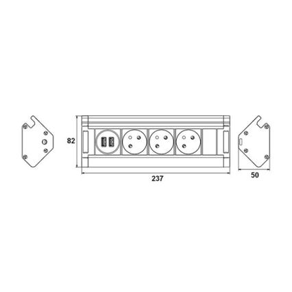 Pikendusjuhe 3Z + 2 x USB 1,5 m alumiinium/must