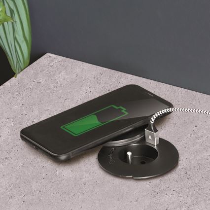 Sisseehitatud pistikupesa juhtmevaba 10 W laadimisega, 1 pesa + USB A ja C, must