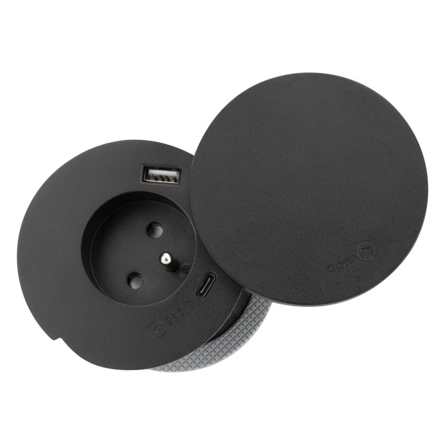 Sisseehitatud pistikupesa juhtmevaba 10 W laadimisega, 1 pesa + USB A ja C, must