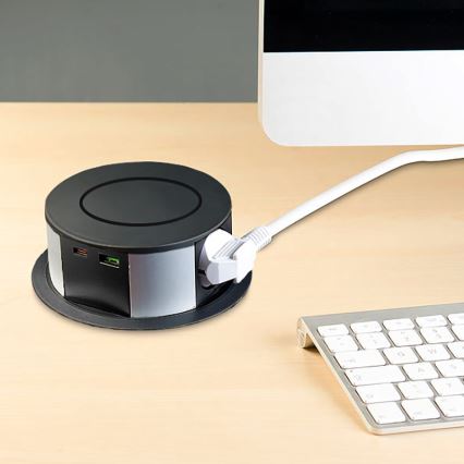 Pistiktorn töötasapinnale Qi juhtmevaba laadimisega 3x230V + 1xUSB-A + 1xUSB-C must/hõbedane