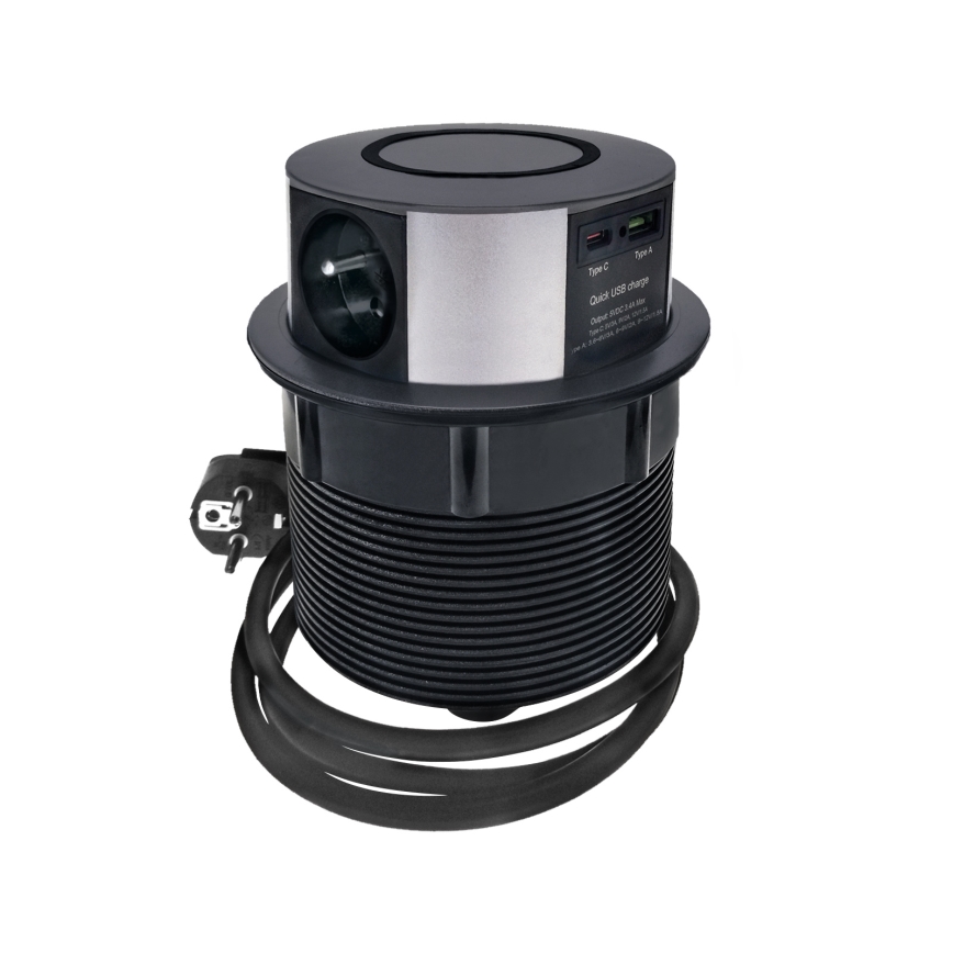 Pistiktorn töötasapinnale Qi juhtmevaba laadimisega 3x230V + 1xUSB-A + 1xUSB-C must/hõbedane