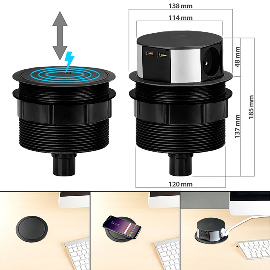 Pistiktorn töötasapinnale Qi juhtmevaba laadimisega 3x230V + 1xUSB-A + 1xUSB-C must/hõbedane