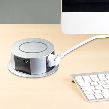 Pistiktorn töötasapinnale Qi juhtmevaba laadimisega 3x230V + 1xUSB-A + 1xUSB-C hõbedane/must