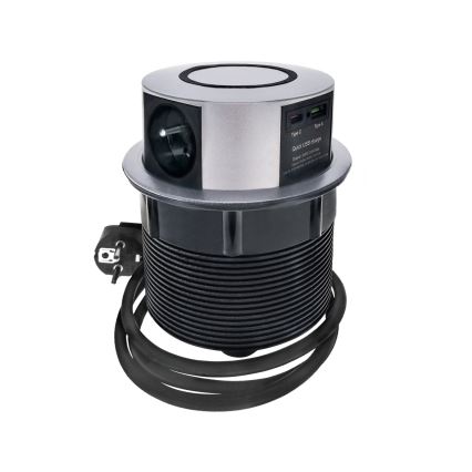 Pistiktorn töötasapinnale Qi juhtmevaba laadimisega 3x230V + 1xUSB-A + 1xUSB-C hõbedane/must