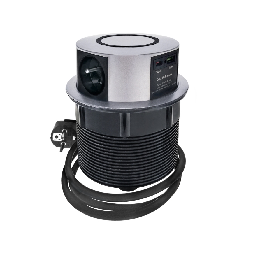 Pistiktorn töötasapinnale Qi juhtmevaba laadimisega 3x230V + 1xUSB-A + 1xUSB-C hõbedane/must