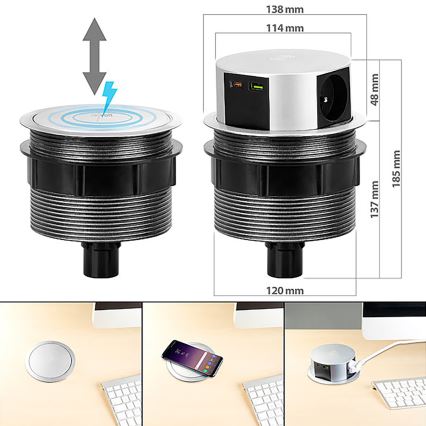 Pistiktorn töötasapinnale Qi juhtmevaba laadimisega 3x230V + 1xUSB-A + 1xUSB-C hõbedane/must