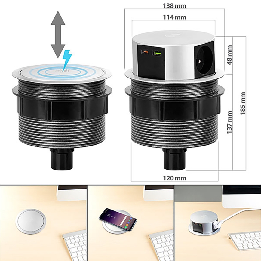 Pistiktorn töötasapinnale Qi juhtmevaba laadimisega 3x230V + 1xUSB-A + 1xUSB-C hõbedane/must