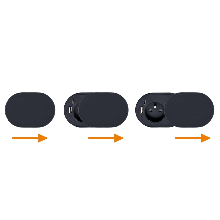 Sisseehitatav pistikupesa liugkaane ja 20 W võimsusega, 1× pistikupesa + USB A+C, must