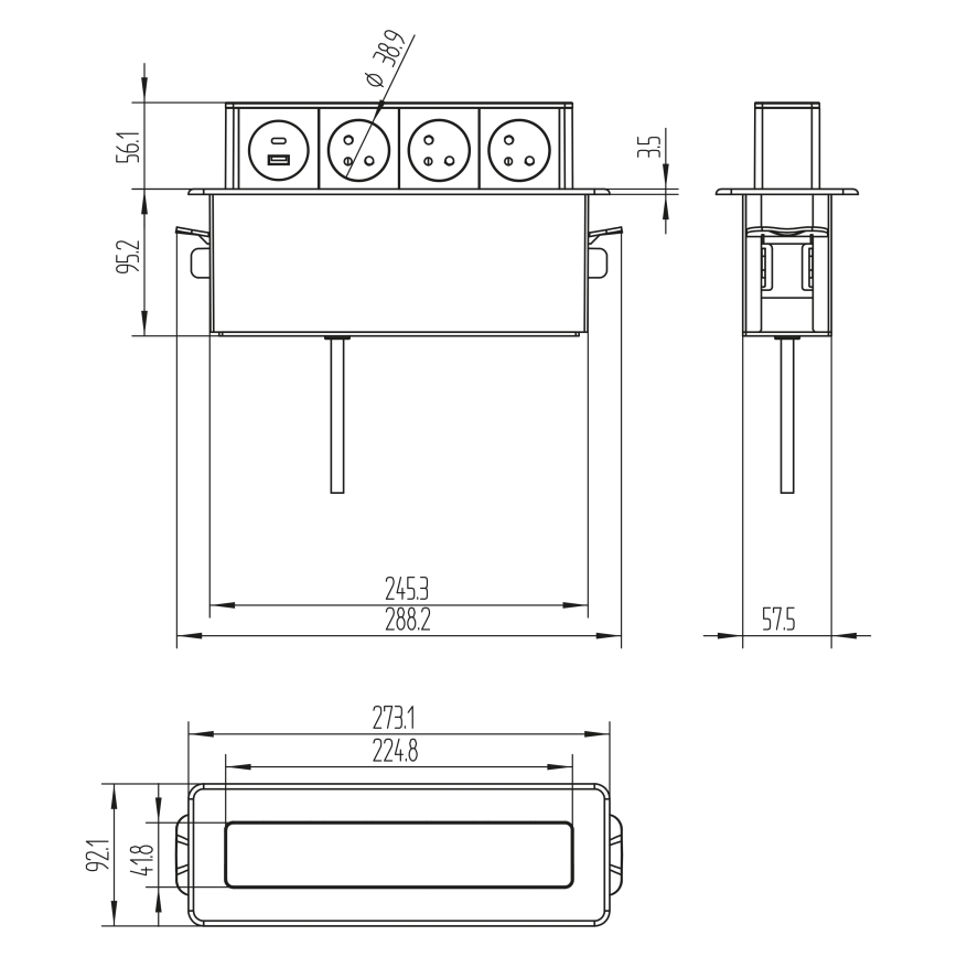 Lauaplaadi pistikupesatulp 3x230V + USB-A + USB-C