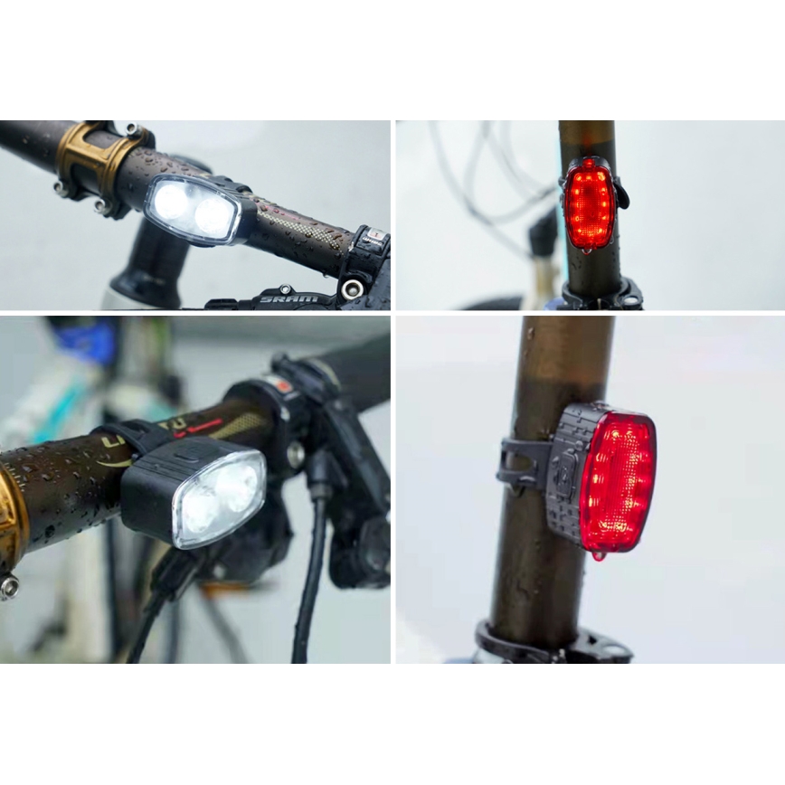KOMPLEKT 2x LED Hämardatav laetav rattatuli 350mAh IP44 punane/valge