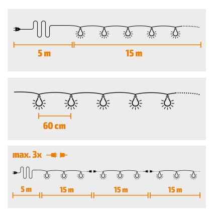 LED Väli dekoratiivne valguskett GARLAND 25xE12 20m IP44 soe valge