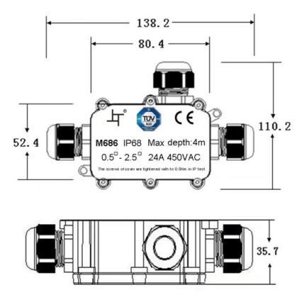 Veekindel harukarp 24A/450V AC IP68