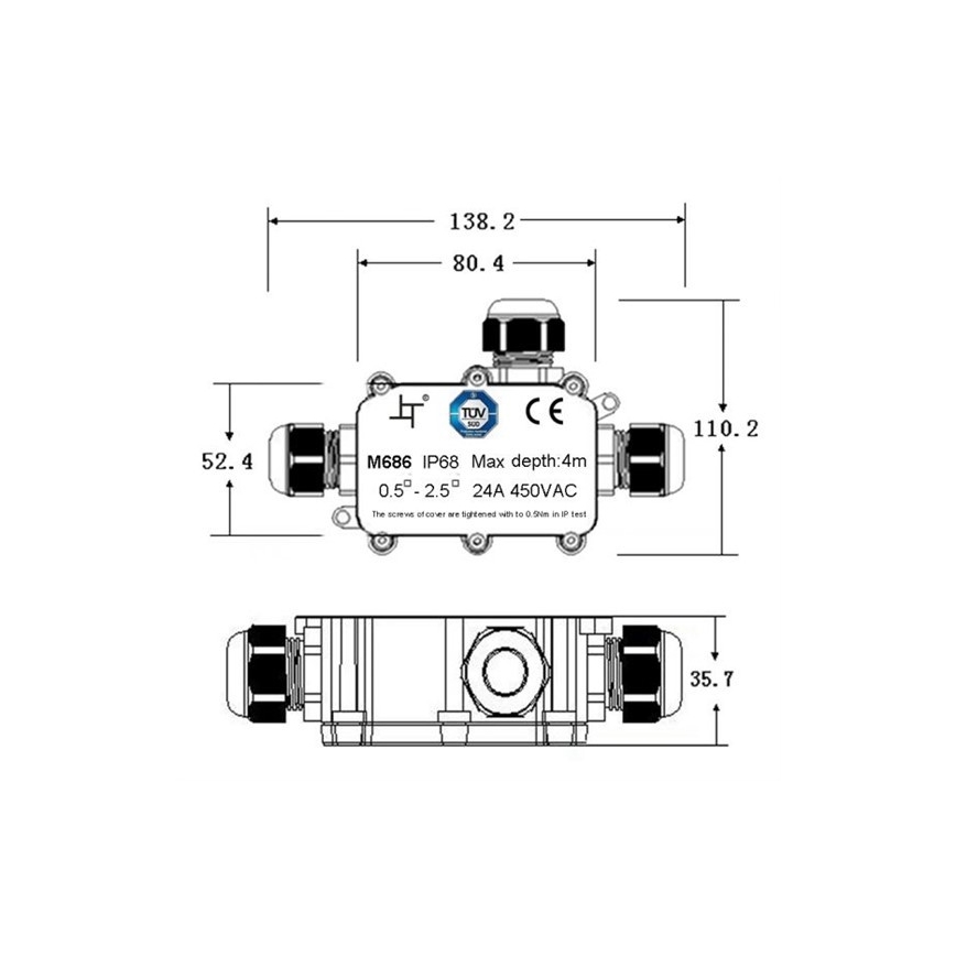 Veekindel harukarp 24A/450V AC IP68