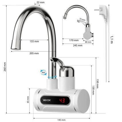 Spontaanne veesoojendi koos LED dioodidega ekraan 3000W/230V IPX4 valge