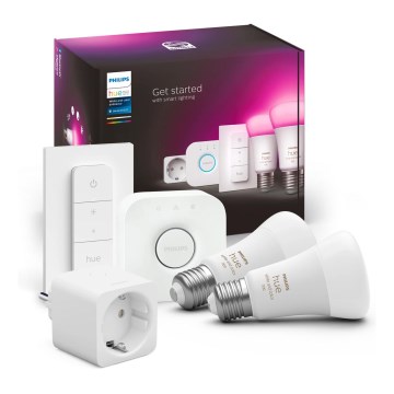 Stardikomplekt Philips Hue WHITE AND COLOR AMBIANCE 2xE27/9W/230V 2200-6500K + nutikas pistik, Hue Bridge ja hämarduslüliti