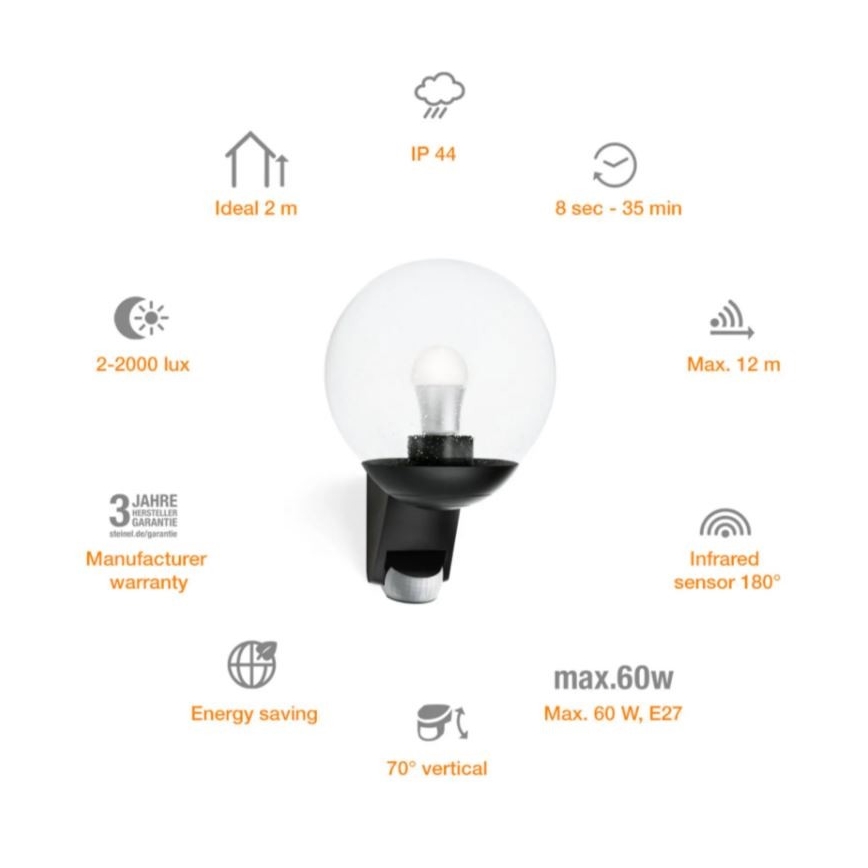STEINEL 005535 - Väli seinavalgusti koos anduriga L585S 1xE27/60W must IP44