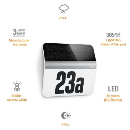 STEINEL 007140 - LED päikesepaneeliga majanumber XSolar LH-N LED/0,03W roostevaba teras IP44 2500 mAh