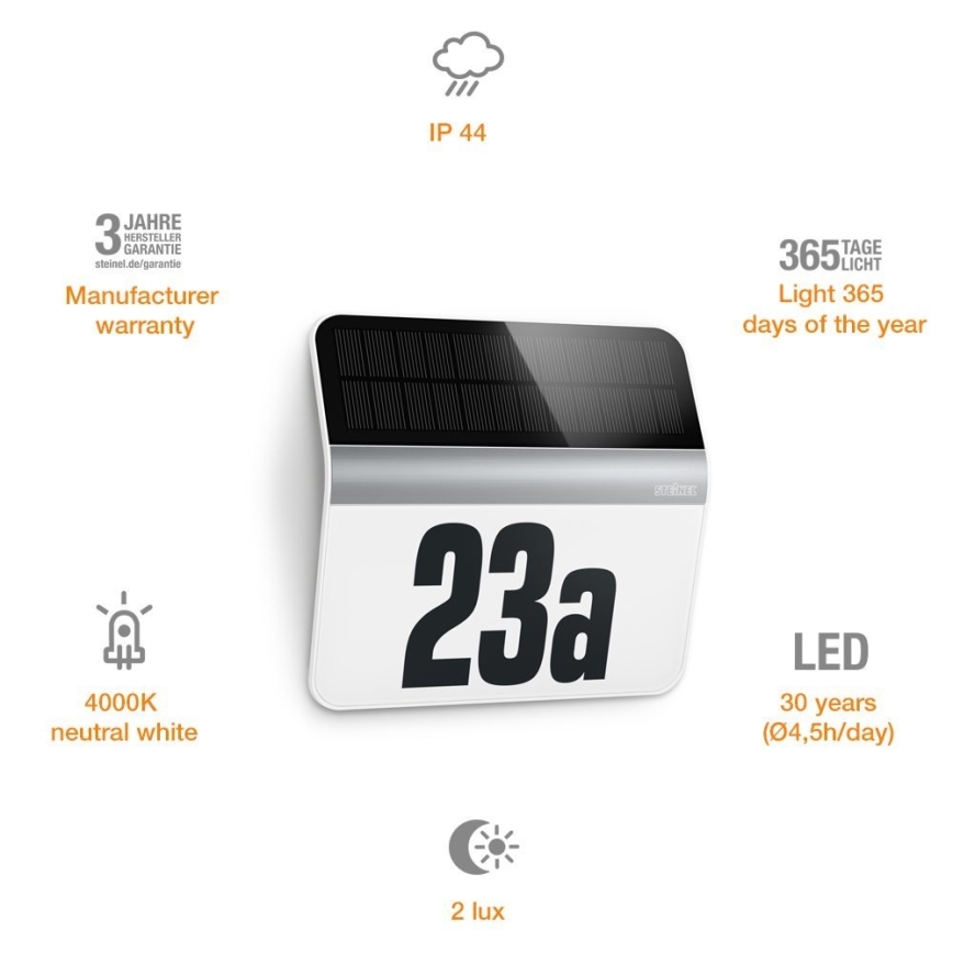 STEINEL 007140 - LED päikesepaneeliga majanumber XSolar LH-N LED/0,03W roostevaba teras IP44 2500 mAh