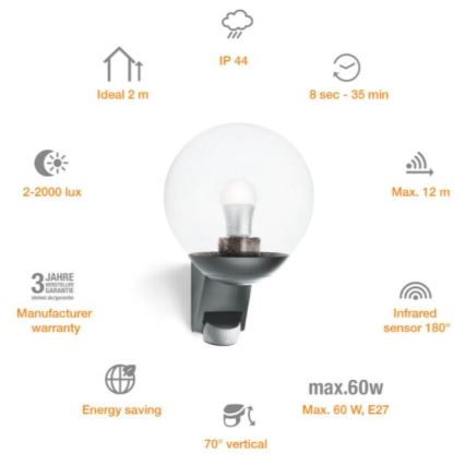 Steinel 035723 - Väli seinavalgusti koos anduriga L585S 1xE27/60W/230V IP44