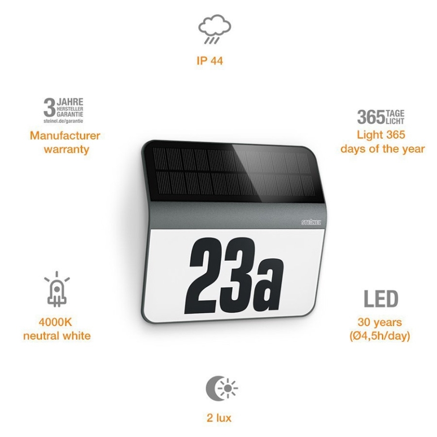 STEINEL 035730 - LED Päikesepaneeliga majanumber XSolar LH-N LED/0,03W IP44