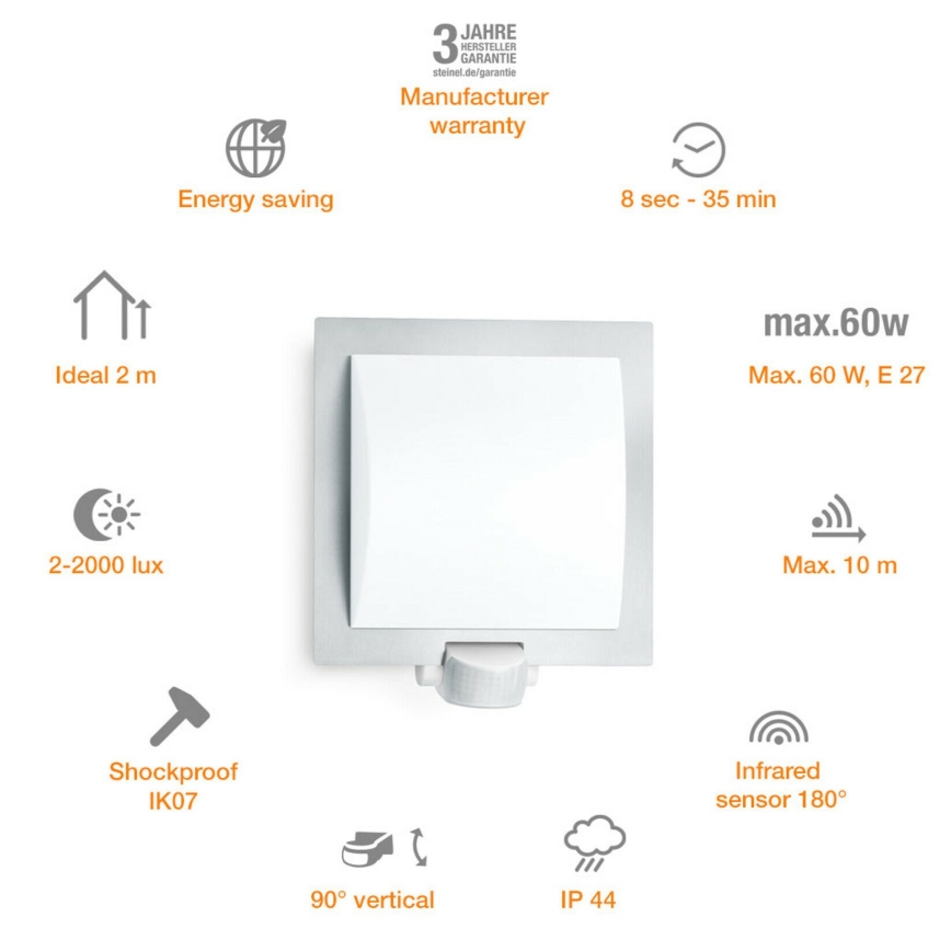 Steinel 566814 – Väli seinavalgusti anduriga 1×E27/60W/240V L 20 S IP44