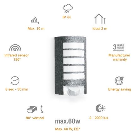 STEINEL 657819 - Välivalgusti anduriga L12 1xE27/60W/230V IP44