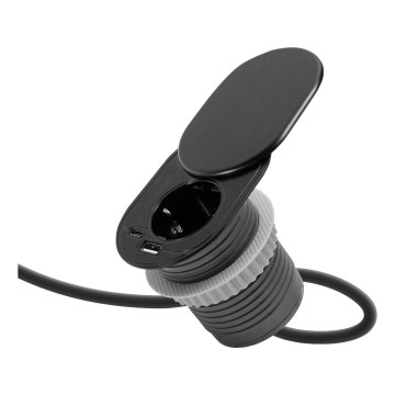 Süvistatav pistikupesa libiseva kaanega 1× voolupesa + USB-C + USB-A must