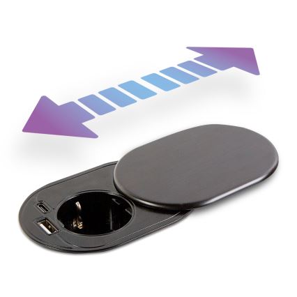 Süvistatav pistikupesa libiseva kaanega 1× voolupesa + USB-C + USB-A must
