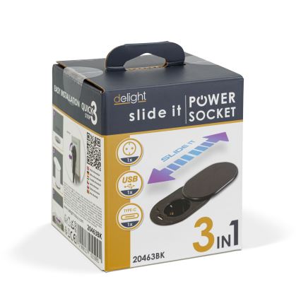 Süvistatav pistikupesa libiseva kaanega 1× voolupesa + USB-C + USB-A must